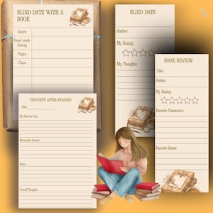 Puede incluir: Un conjunto de papelería para amantes de los libros, que incluye formularios de "Cita a ciegas con un libro", "Pensamientos después de leer" y "Reseña de libro". Los formularios tienen una estética vintage con ilustraciones de libros y tazas de café. Una persona está leyendo un libro.