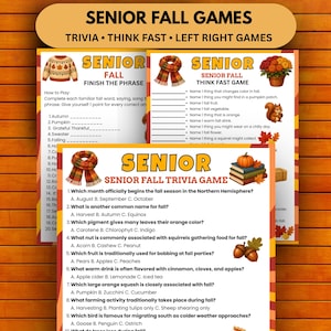 May include: A set of three printable game sheets titled Senior Fall Games, featuring trivia, finish the phrase, and think fast activities. The pages include illustrations of a sweater, scarf, flowers, a squirrel, and books with autumn-themed text.