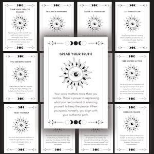 May include: A collection of oracle cards with black and white illustrations. Each card features a sun with an eye, moon phases, and text. The cards offer guidance with phrases like "Speak Your Truth" and "Embrace Change."