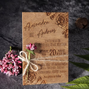 Rustic Wood Wedding Invitation Set with Burlap Accents and Artificial Flower Embellishments