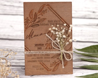 Floral - Real Wood Wedding Invitation - Wooden Wedding Invitations Set / Wood Wedding Invitations / Wooden Card / Wedding Invitation