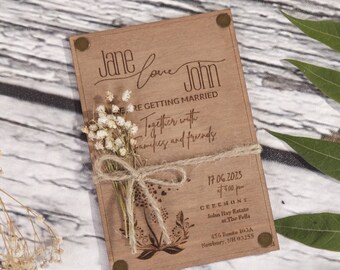 Faire-part en bois avec fleurs de lavande et corde de jute | Mariage moderne et rustique - Enveloppes gratuites