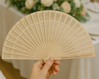 Personalized Laser Cut Wooden Hand Fan, Rustic Boho Wedding Favor Guest Gift
