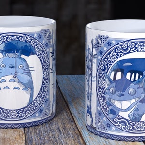 1 taza de 10 oz con diseño de gato troll japonés Blue Willow, princesa, taza de acuarela, pastiche de arte anime, lindo regalo geek kawaii