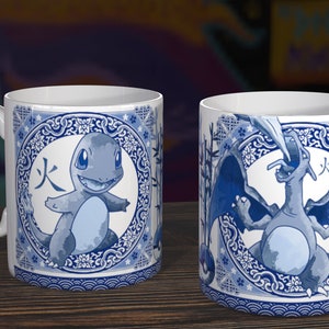 Blue Willow charmander/charizard 10 0z mok, pastiche anime art, schattig kawaii geekcadeau