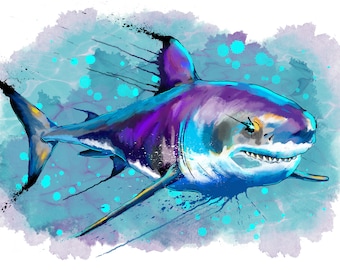 Splatz Great White Shark Print, Acquerello Digital Nature Art, Carcharodon carcharias