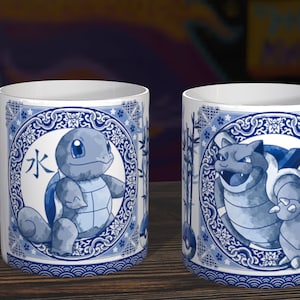 Blue Willow Squirtle/Blastoise 10 0z Tasse, Pastiche Anime Art, Süßes Kawaii Geek Geschenk