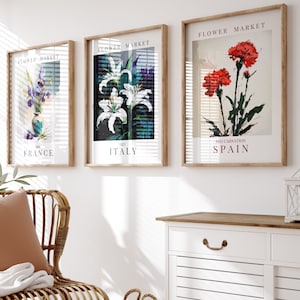 Flower Market Prints Set of 3, France Italy Spain National Flower Posters, Printable Wall Art, Abstract Floral Art, Digital Download
