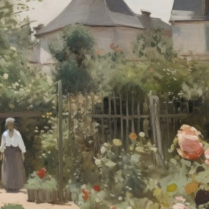 May include: An impressionistic painting of a garden scene. A woman in a white blouse and long skirt stands near a wooden fence. Lush greenery and colorful flowers, including roses, fill the garden. Buildings are visible in the background, suggesting a rural setting.