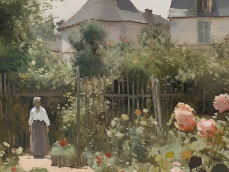 May include: An impressionistic painting of a garden scene. A woman in a white blouse and long skirt stands near a wooden fence. Lush greenery and colorful flowers, including roses, fill the garden. Buildings are visible in the background, suggesting a rural setting.
