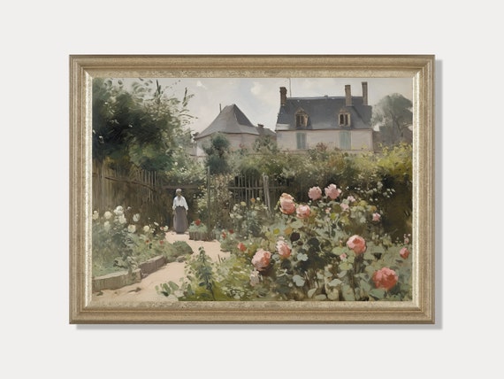 Rose Garden Vintage Style Print, French Cottage Art, Dining Room Decor, Digital Download