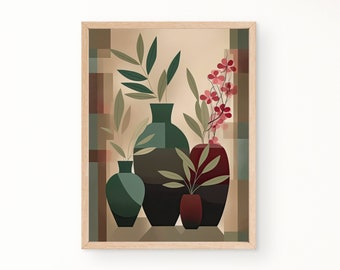 Vase Botanical Mid Century Modern Print, Neutral Color Print, Boho Wall Art, Minimalist Wall Art, Digital Download