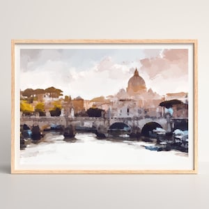May include: A watercolor painting of a cityscape with a large dome building in the background. The city is built on a river with a bridge crossing it. The painting is done in shades of brown, blue, and white.