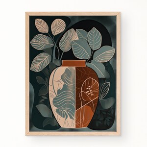 Vase Leaf Mid Century Modern Print, Boho Wall Art, Minimalist Wall Art, Neutral Color Print, Digital Download