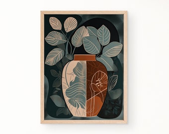Vase Leaf Mid Century Modern Print, Boho Wall Art, Minimalist Wall Art, Neutral Color Print, Digital Download