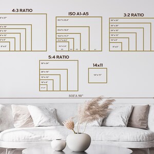 May include: A wall art size guide with various aspect ratios and dimensions in inches. The guide includes 4:3, ISO A1-A5, 3:2, 5:4, and 14x11 ratios, with measurements like 36"x27", 30"x24", and 14"x11". The word "SOFA 90" is also visible.