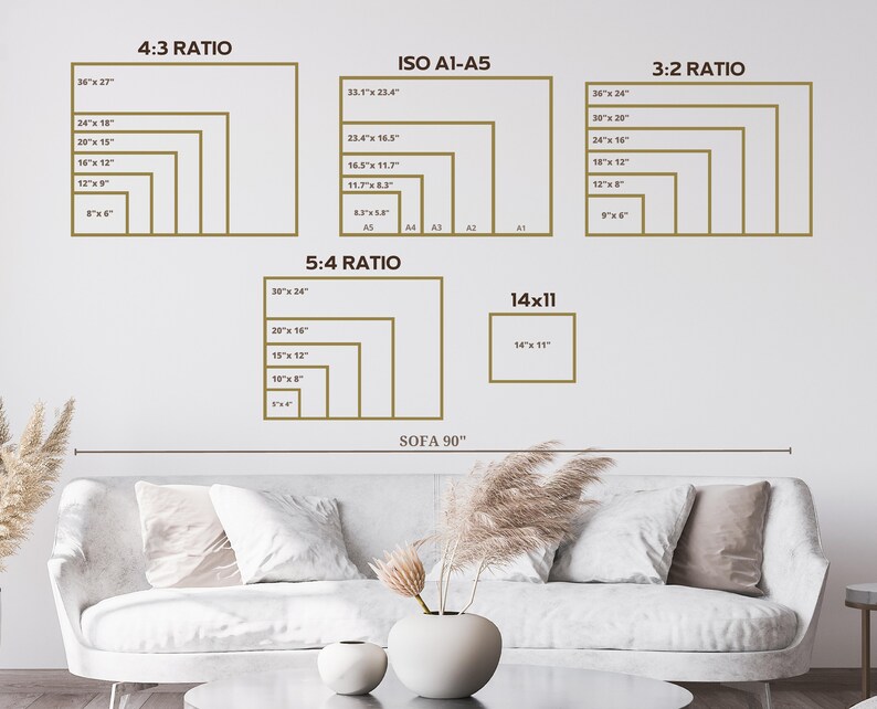 May include: A wall art size guide with various aspect ratios and dimensions in inches. The guide includes 4:3, ISO A1-A5, 3:2, 5:4, and 14x11 ratios, with measurements like 36"x27", 30"x24", and 14"x11". The word "SOFA 90" is also visible.