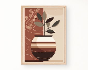Vase Leaf Mid Century Modern Print, Neutral Color Print, Boho Wall Art, Minimalist Wall Art, Digital Download