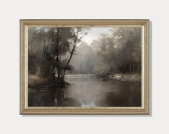 Muted River Landscape Print, Vintage Style Neutral Tones, Farmhouse Rustic Decor, Downloadable Print