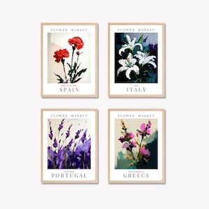 Southern Europe National Flowers, Set of 4, Flower Market Print, Printable Wall Art, Abstract Floral Art, Digital Download, Home Decor