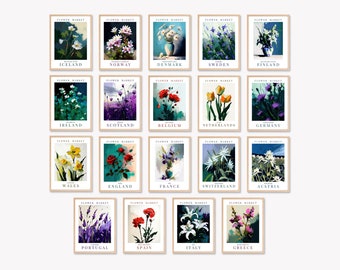 Westeuropa Nationalblumen, 19er Set, Blumenmarkt Druck, druckbare Wandkunst, abstrakte Blumenkunst, digitaler Download, Wohnkultur
