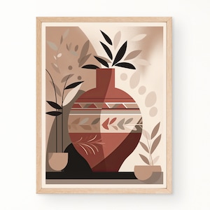 Vase Leaf Mid Century Modern Print, Boho Wall Art, Minimalist Wall Art, Neutral Color Print, Digital Download