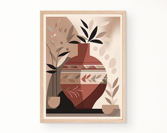 Vase Leaf Mid Century Modern Print, Boho Wall Art, Minimalist Wall Art, Neutral Color Print, Digital Download