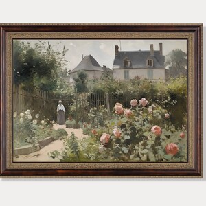 May include: A framed painting depicts a garden scene with a woman walking on a path. The garden features blooming pink and white roses, lush greenery, and a house in the background. The frame is a dark brown color.