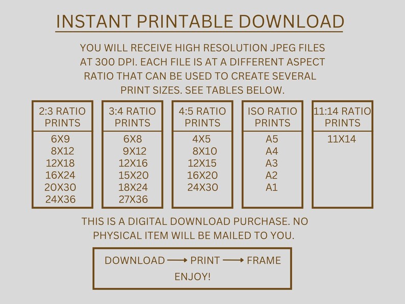 May include: A digital download graphic with text that reads "INSTANT PRINTABLE DOWNLOAD." It lists print sizes in inches for 2:3, 3:4, 4:5, ISO, and 11:14 ratios. The text also states that the files are high-resolution JPEGs at 300 DPI.