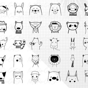 May include: A set of 36 black and white line drawings of various animals, including a cow, rabbit, bear, fox, sheep, panda, deer, elephant, raccoon, lion, giraffe, and cat. The animals are all drawn in a simple, cartoon style.