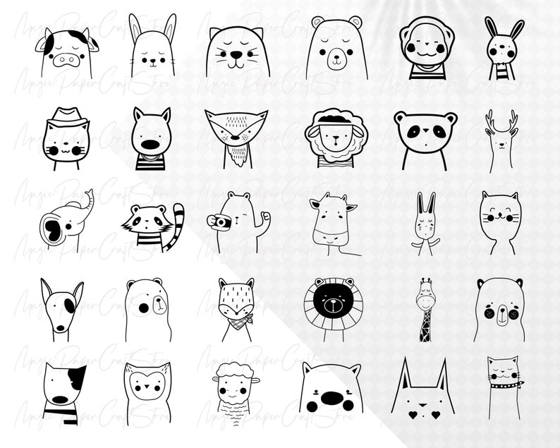 May include: A set of 36 black and white line drawings of various animals, including a cow, rabbit, bear, fox, sheep, panda, deer, elephant, raccoon, lion, giraffe, and cat. The animals are all drawn in a simple, cartoon style.