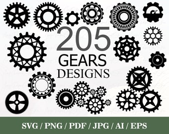 Pakiet 205 Gears SVG | Zębatki i przekładnie SVG | Koła zębate PNG | Koła zębate Klipart | Metal Gears SVG | Pliki do cięcia kół zębatych | wektor koła zębate | Steampunk SVG