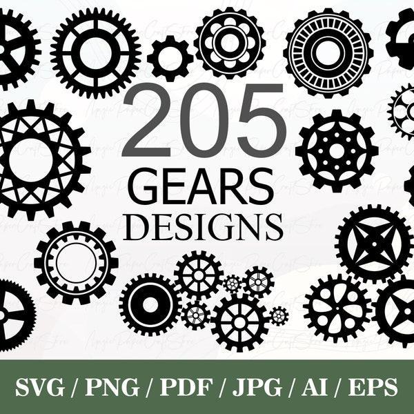 Pakiet 205 Gears SVG | Zębatki i przekładnie SVG | Koła zębate PNG | Koła zębate Klipart | Metal Gears SVG | Pliki do cięcia kół zębatych | wektor koła zębate | Steampunk SVG