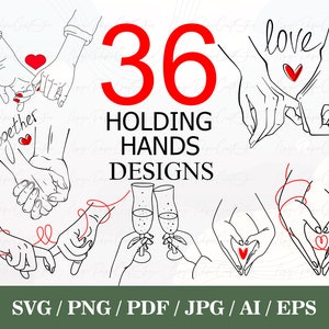 Könnte beinhalten: 36 Schwarzweiß-Linienzeichnungen von Händen, die sich halten, mit roten Herzen und den Worten "love" und "together".
