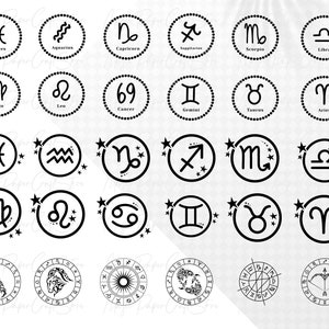 May include: Black and white zodiac signs in a circle with stars. The signs include Pisces, Aquarius, Capricorn, Sagittarius, Scorpio, Libra, Virgo, Leo, Cancer, Gemini, Taurus, and Aries.