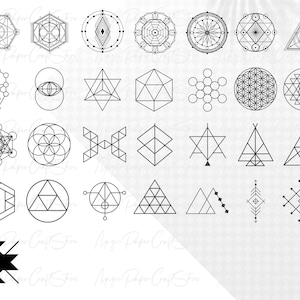 K&ouml;nnte beinhalten: Ein Satz von 30 geometrischen Formen in Schwarzwei&szlig;, darunter Kreise, Dreiecke, Quadrate, Sterne und andere abstrakte Designs. Diese Formen eignen sich perfekt f&uuml;r den Einsatz in Kunst-, Bastel- und Designprojekten.