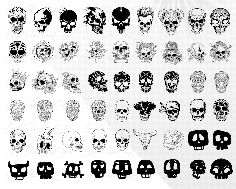 Op de afbeelding: Een verzameling van 48 zwart-witte schedel-illustraties. De schedels zijn in verschillende stijlen, waaronder traditioneel, suikerschedel en geometrisch. Sommige schedels hebben ingewikkelde ontwerpen, terwijl andere eenvoudig en minimalistisch zijn.