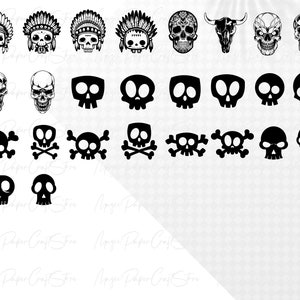 Op de afbeelding: Een set van 20 zwart-witte SVG-snijbestanden met schedels en gekruiste beenderen. De ontwerpen omvatten verschillende schedelvormen, sommige met hoofdtooien, sommige met gekruiste beenderen en sommige met een eenvoudig schedelontwerp.