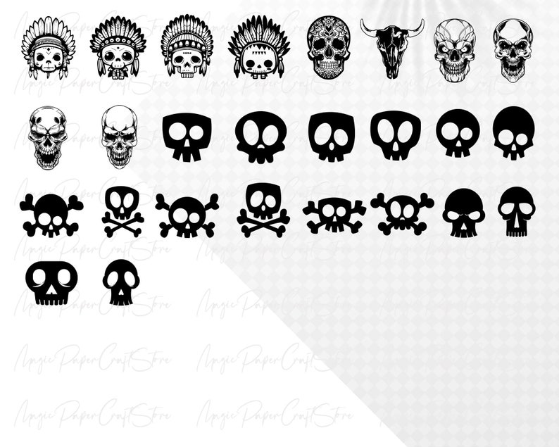 Op de afbeelding: Een set van 20 zwart-witte SVG-snijbestanden met schedels en gekruiste beenderen. De ontwerpen omvatten verschillende schedelvormen, sommige met hoofdtooien, sommige met gekruiste beenderen en sommige met een eenvoudig schedelontwerp.