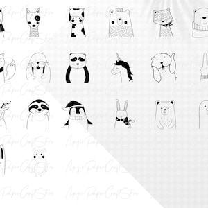 May include: A set of 20 black and white illustrations of various animals, including a fox, deer, penguin, bear, unicorn, and sloth. The illustrations are simple and whimsical, perfect for use in crafting projects or as digital clipart.