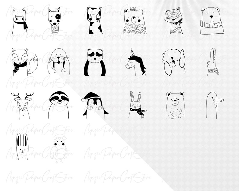May include: A set of 20 black and white illustrations of various animals, including a fox, deer, penguin, bear, unicorn, and sloth. The illustrations are simple and whimsical, perfect for use in crafting projects or as digital clipart.
