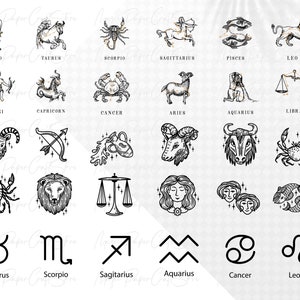 May include: Black and white illustrations of the 12 zodiac signs. The signs are arranged in two rows of six. The signs are: Virgo, Taurus, Scorpio, Sagittarius, Pisces, Leo, Gemini, Capricorn, Cancer, Aries, Aquarius, and Libra. Below the illustrations are the names of the signs in black text.