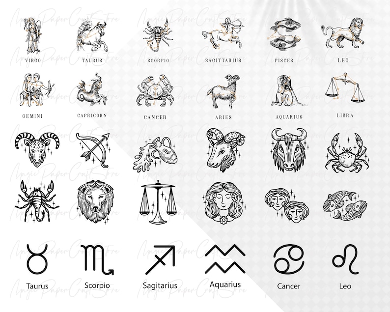 May include: Black and white illustrations of the 12 zodiac signs. The signs are arranged in two rows of six. The signs are: Virgo, Taurus, Scorpio, Sagittarius, Pisces, Leo, Gemini, Capricorn, Cancer, Aries, Aquarius, and Libra. Below the illustrations are the names of the signs in black text.