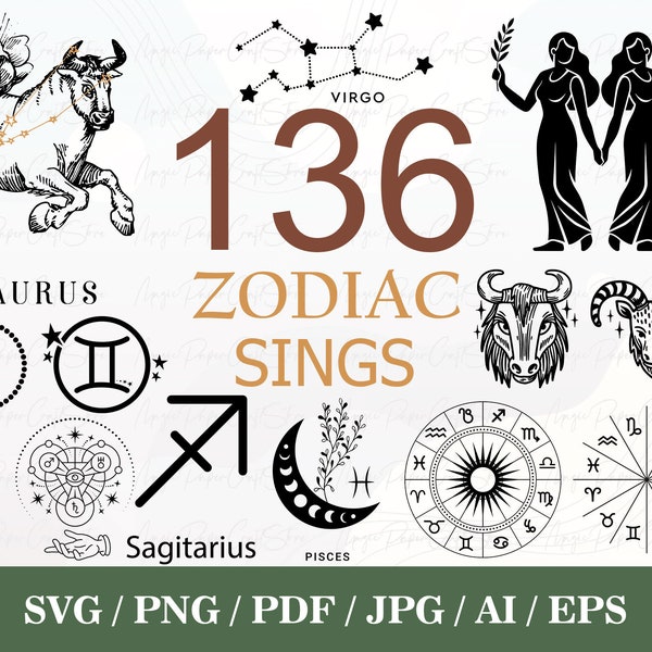 Zodiac Signs SVG Bundle | Horoscope SVG Bundle | Celestial Star Sign Svg | Zodiac Clipart Svg Bundle  | Horoscope Gift | Zodiac Signs PNG