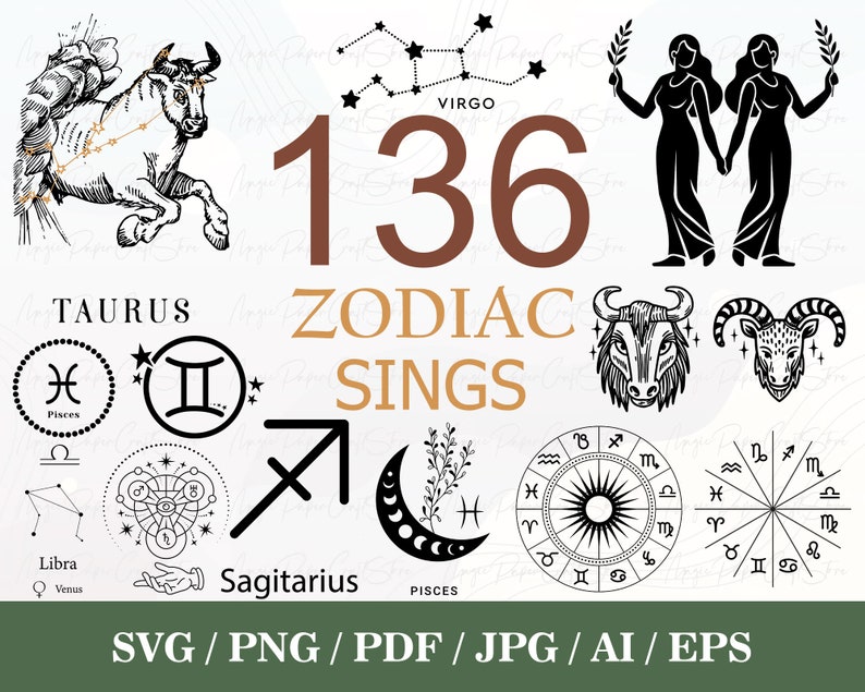 May include: A black and white illustration of the 12 zodiac signs with the text "136 Zodiac Sings" in brown text. The signs are arranged in a circle with the sun in the center. The signs are Taurus, Gemini, Cancer, Leo, Virgo, Libra, Scorpio, Sagittarius, Capricorn, Aquarius, Pisces, and Aries.