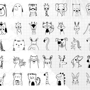 May include: A set of 36 black and white animal illustrations. The animals include a bear, dog, tiger, giraffe, elephant, rabbit, fox, deer, cat, unicorn, flamingo, and more.