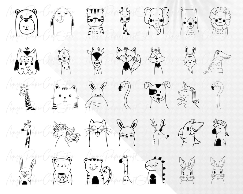 May include: A set of 36 black and white animal illustrations. The animals include a bear, dog, tiger, giraffe, elephant, rabbit, fox, deer, cat, unicorn, flamingo, and more.