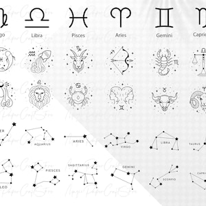 May include: Black and white line art illustrations of the 12 zodiac signs, including both the astrological symbol and the constellation. The signs are arranged in two rows of six, with the astrological symbols on the top row and the constellations on the bottom row.