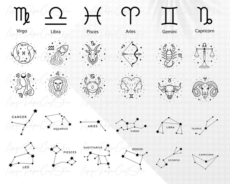 May include: Black and white line art illustrations of the 12 zodiac signs, including both the astrological symbol and the constellation. The signs are arranged in two rows of six, with the astrological symbols on the top row and the constellations on the bottom row.