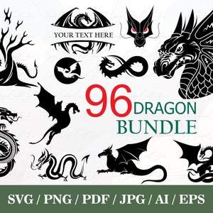 May include: A bundle of 96 dragon designs in black, featuring diverse dragon illustrations, silhouettes, and a banner with the text "YOUR TEXT HERE". The image also includes file format options: SVG, PNG, PDF, JPG, AI, and EPS.